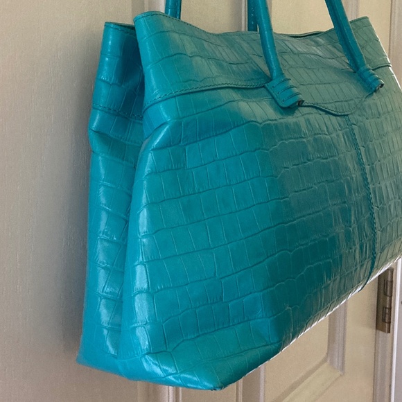 Maxx NY Croco Embossed Leather Double Handle Satchel/Turquoise/EUC/REDUCED PRICE - Picture 3 of 15